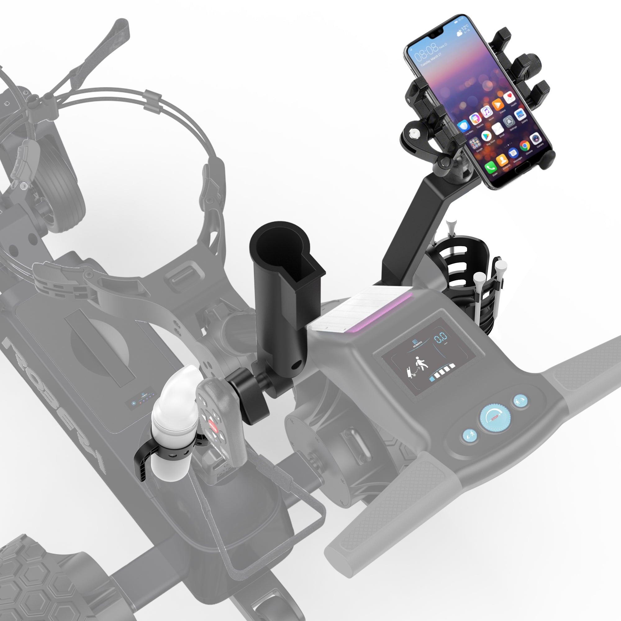 Phone holder mounted on Robera Pro AI golf caddy